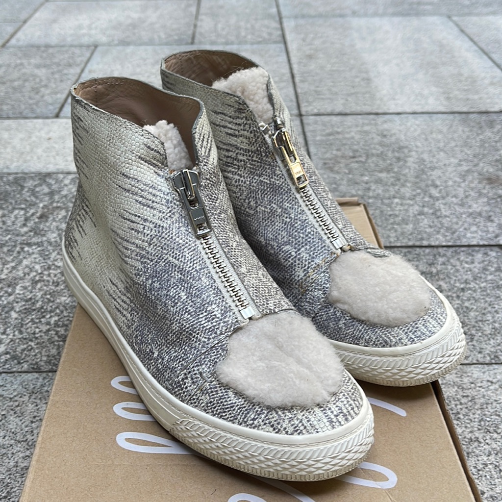 Loeffler Randall Devin-Elsh Shoes Hi Top Fur Leather Snakeskin Sz 8.5 Cream